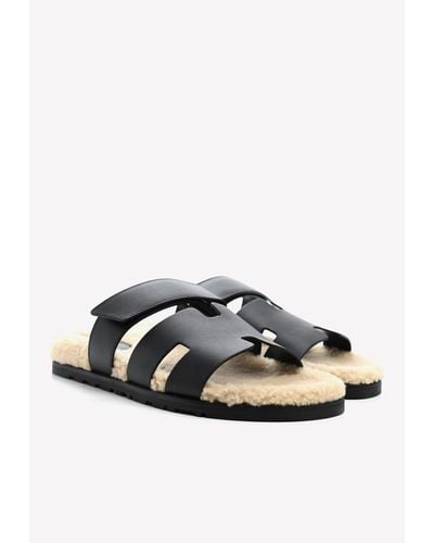 Hermès Chypre Sandals In Veau Indios Woolskin - Black
