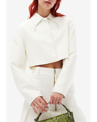 Ganni Long Sleeve Slub Linen Cropped Blazer - White