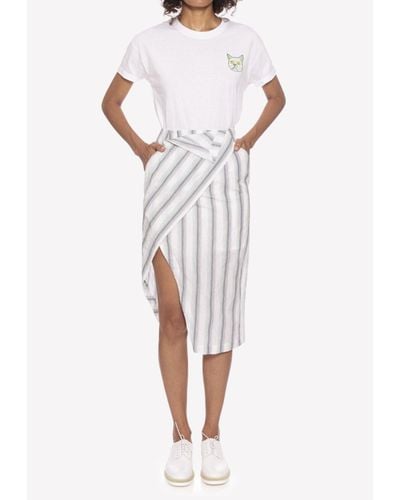 Dawei Striped Cotton Wrap Skirt With Slit - White