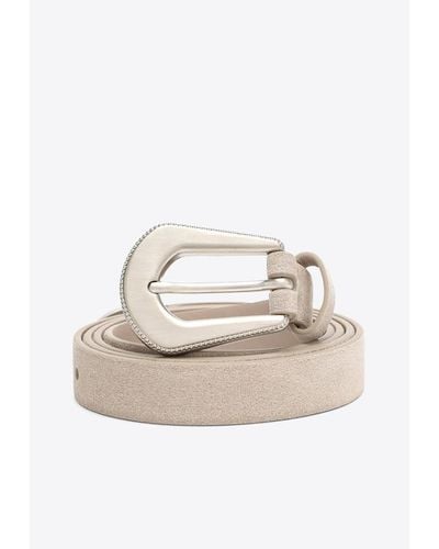 Brunello Cucinelli Suede Belt With Embellished Geometric Buckle - Natural