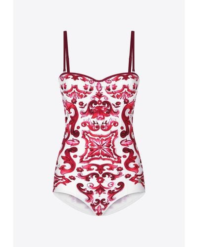 Dolce & Gabbana Majolica Print One-Piece Swimsuit - Red