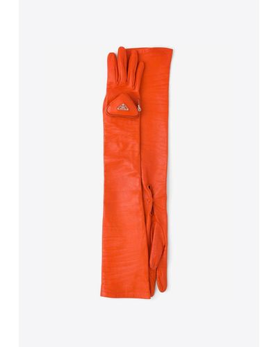 Prada Leather Long Gloves With Pouch - Orange