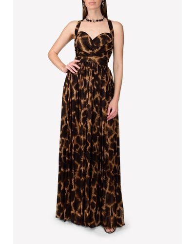 Dolce & Gabbana Silk Chiffon Giraffe-Print Gown With Crisscross Back - Brown