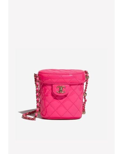 Chanel Small Vanity With Chain Bag In Neon Pink Patent Leather With Gold Hardware