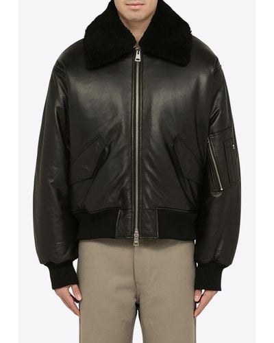 Ami Paris Shearling-Collar Leather Bomber Jacket - Black