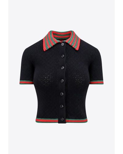 Gucci Lace Polo Shirt With Web - Black