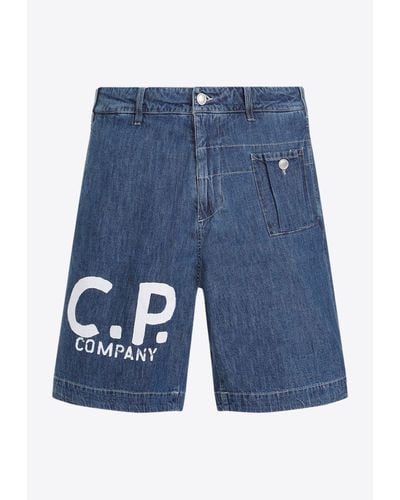 C.P. Company Logo-Printed Denim Shorts - Blue