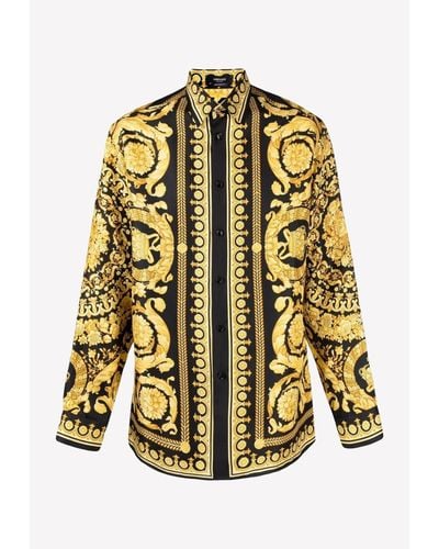 Versace Barocco Print Long-Sleeved Silk Shirt - Yellow