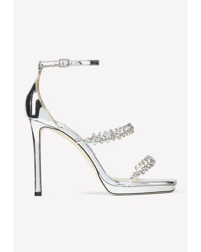 Jimmy Choo Bing 105 Metallic Sandals With Crystal Straps - White