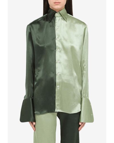 Woera Color-Block Button Up Silk Shirt - Green