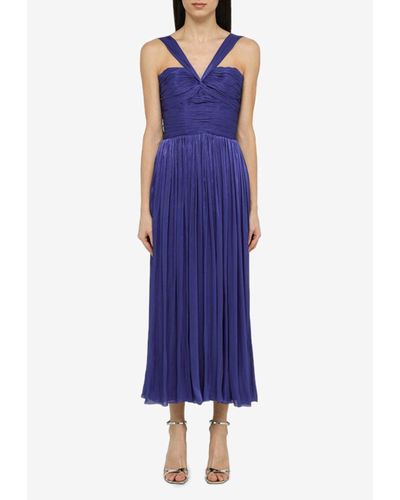 Costarellos Twist-front Pleated Metallic Crepon Gown - Blue