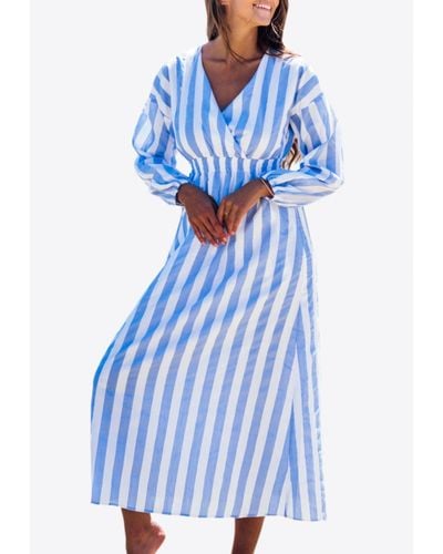 Les Canebiers Eau Vive Elastic Waist Striped Maxi Dress - Blue