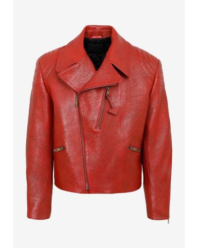 Prada Zip-up Leather Biker Jacket - Red
