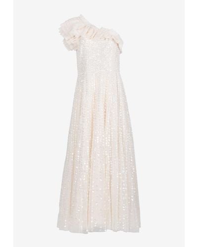 Needle & Thread Raindrop One-Shoulder Sequined Gown - White