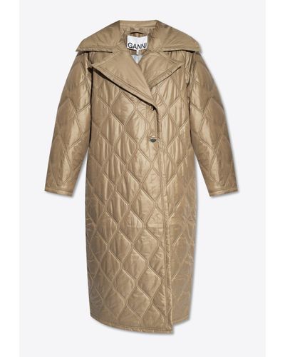Ganni Diamond-Quilted Buttoned Long Coat - Natural