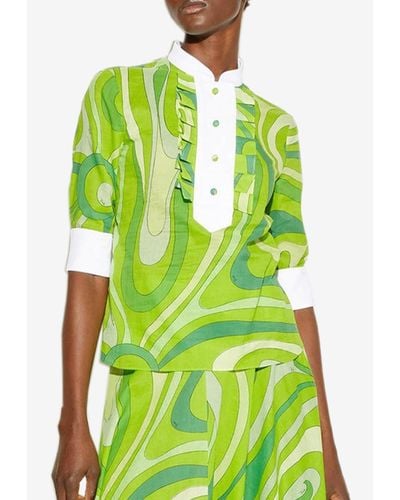 Emilio Pucci Marmo-Print Ruffled Yoke Shirt - Green