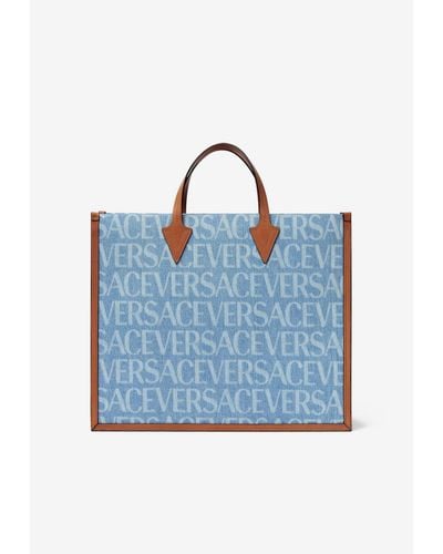 Versace All-Over Logo Denim Tote Bag - Blue