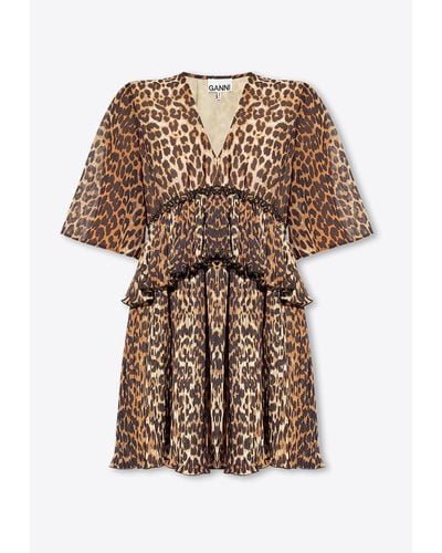 Ganni Leopard Print V-Neck Mini Dress - Brown