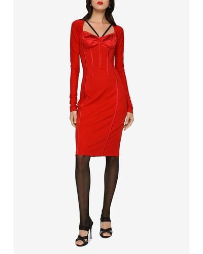 Dolce & Gabbana Long-Sleeved Corset-Bodice Knee-Length Dress - Red