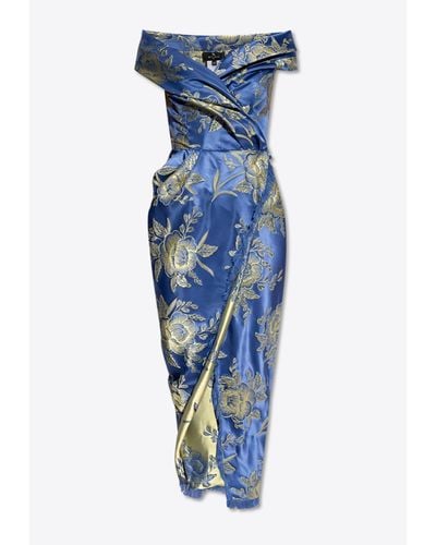 Etro Off-Shoulders Satin Floral Midi Dress - Blue