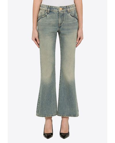 Balmain Washed-Out Cropped Flared Jeans - Green