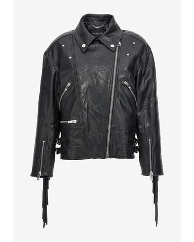 Versace Fringed Leather Jacket - Black