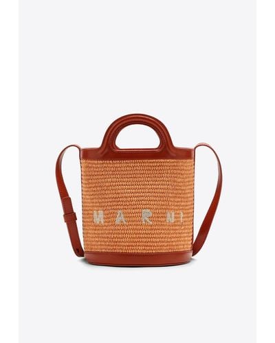 Marni Tropicalia Leather And Raffia Bucket Bag - Orange