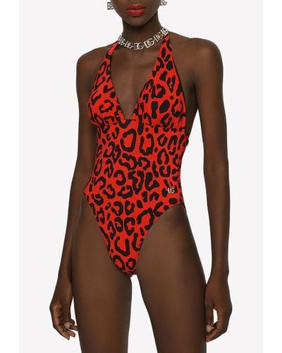 Dolce & Gabbana Carnation-Print One-Piece Swimsuit - Red
