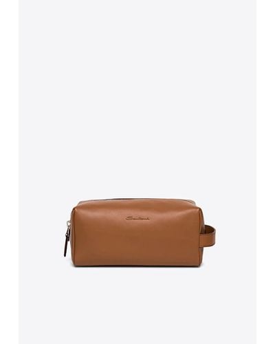 Santoni Embossed Logo Leather Pouch Bag - Brown