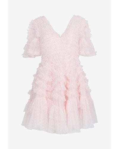 Needle & Thread Ruffle V-Neck Mini Dress - Pink