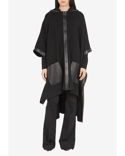 Ferragamo Leather-Trimmed Poncho With Hood - Black