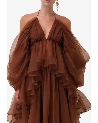 Zimmermann Natura Off-Shoulder Gathered Tulle Top - Brown