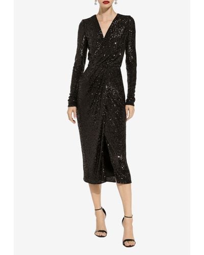 Dolce & Gabbana V-Neck Sequined Midi Dress - Black