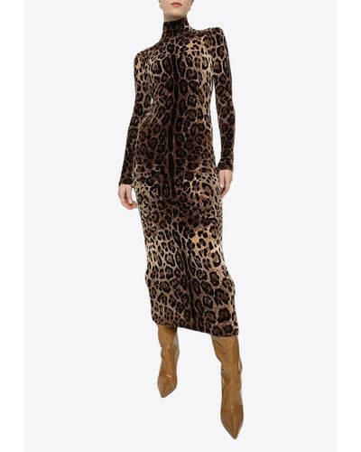 Dolce & Gabbana Leopard Print Turtleneck Midi Dress - Brown