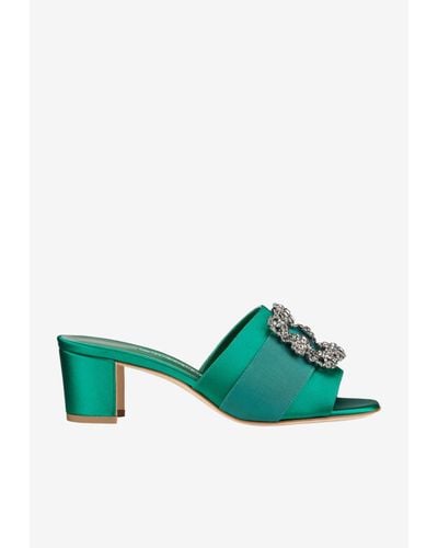 Manolo Blahnik Martanew 50 Satin Mules With Crystal Buckle - Green