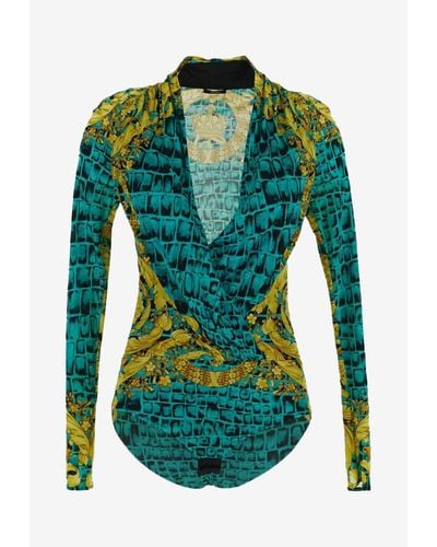 Versace Baroccodile Print Draped Bodysuit - Green