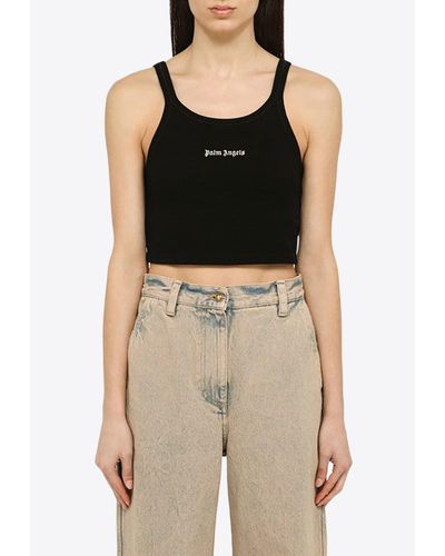 Palm Angels Logo Embroidered Cropped Top - Black
