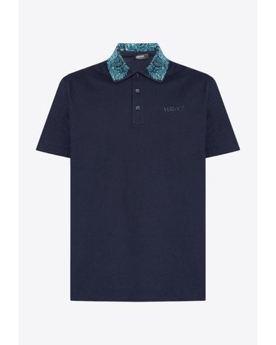 Versace Logo Embroidered Studded Polo T-Shirt - Blue