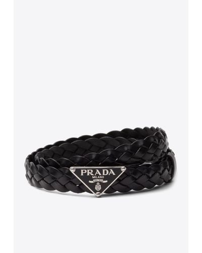 Prada Triangle Logo Braided Leather Belt - Black