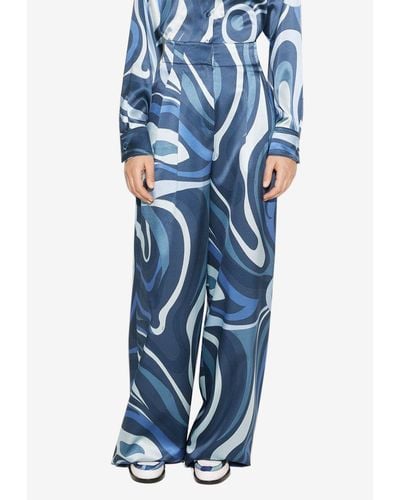 Emilio Pucci Marmo Print Wide-Leg Silk Trousers - Blue