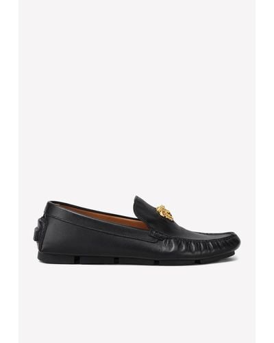 Versace Logo Plaque Leather Loafers - Black