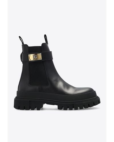 Dolce & Gabbana Logo-Plaque Ankle Lug Boots - Black