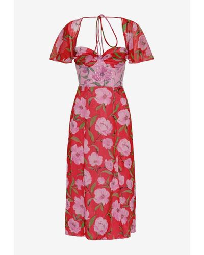 ROTATE BIRGER CHRISTENSEN Floral Print Panelled Midi Dress - Red