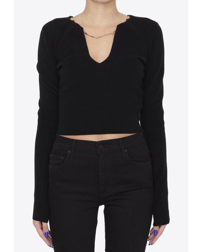 Alexander Wang V-Neck Cropped Sweater With Nameplate Chain - Black