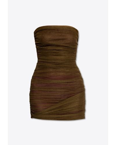 Saint Laurent Ruched Strapless Tulle Dress - Natural