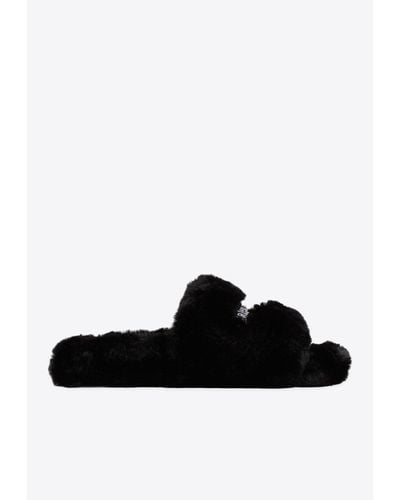 Balenciaga Logo-embroidered Faux-fur Sliders - Black