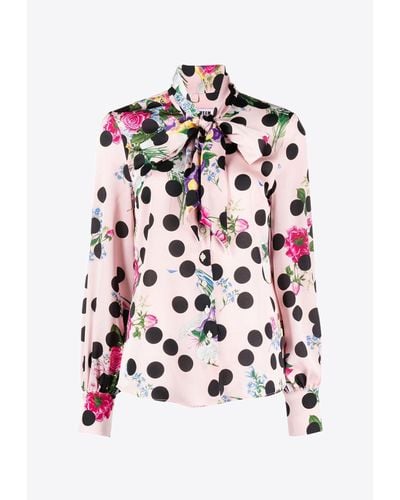 MSGM Floral Print Polka Dot Shirt With Bow Detail - White