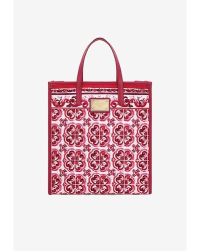 Dolce & Gabbana Small Majolica Print Canvas Tote Bag - Red