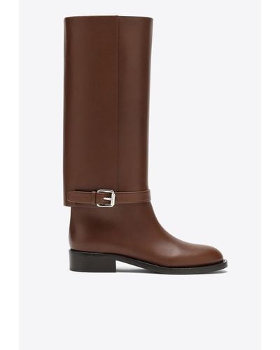 Burberry Buckle Embellished Leather Boots - Brown