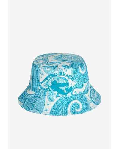 Etro Liquid Paisley Bucket Hat With Cube Logo - Blue